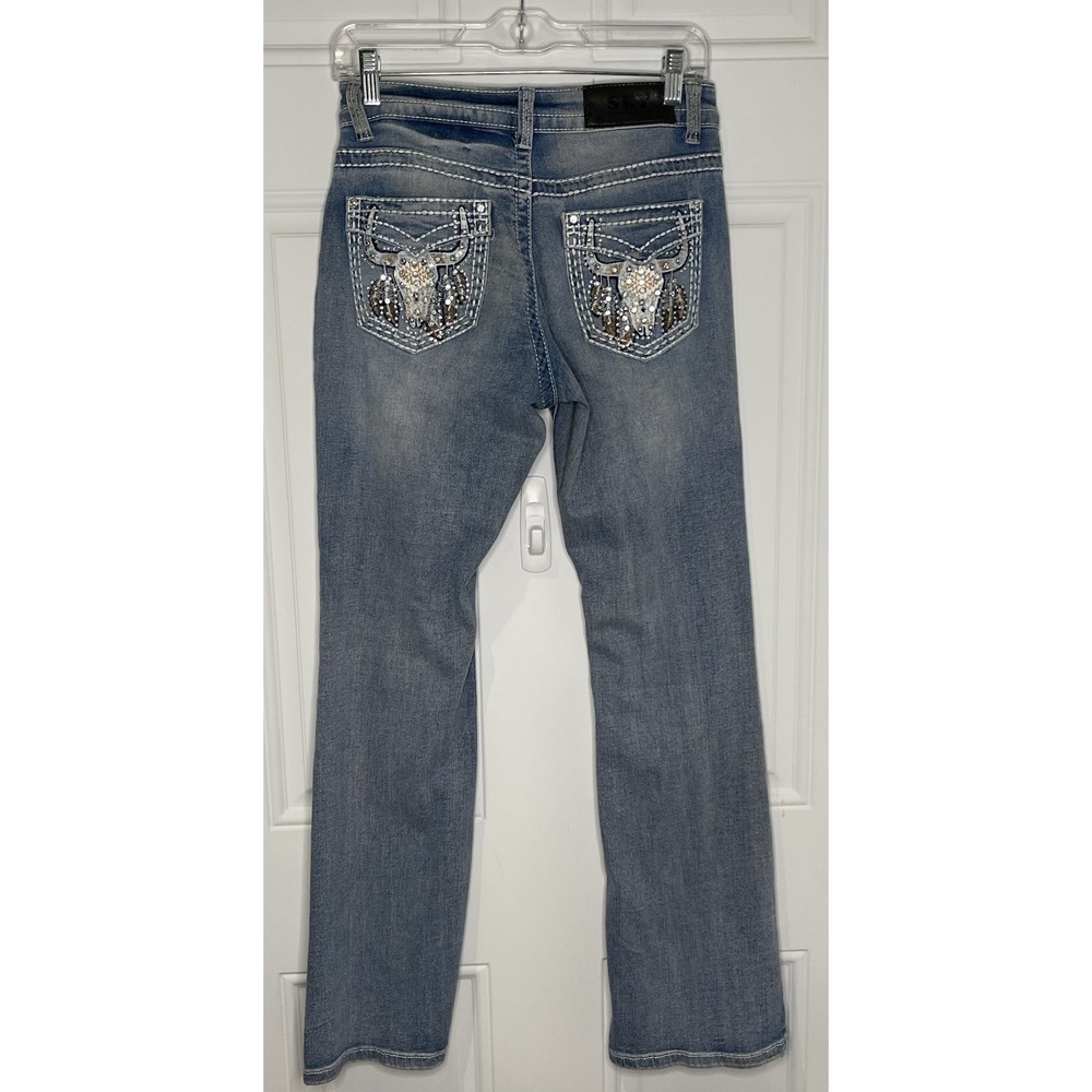Sky Denim Bootcut Jeans Size 3 / 4 Bling Pocket Western Rodeo Cowgirl Bull Steer